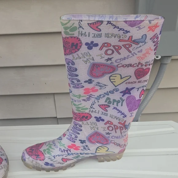 Coach Women's Pink Logo Heart Print Rain Boots - Picture 8 of 16